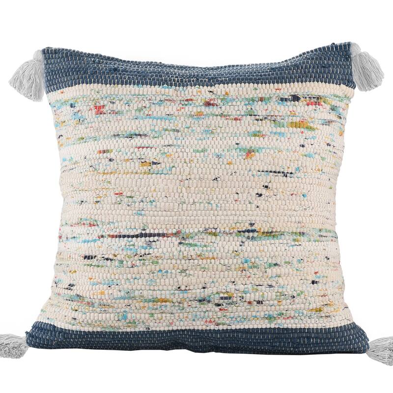 Handwoven Abstract Square Cotton Throw Pillow Cover - 20" - Cream and Stone Blue