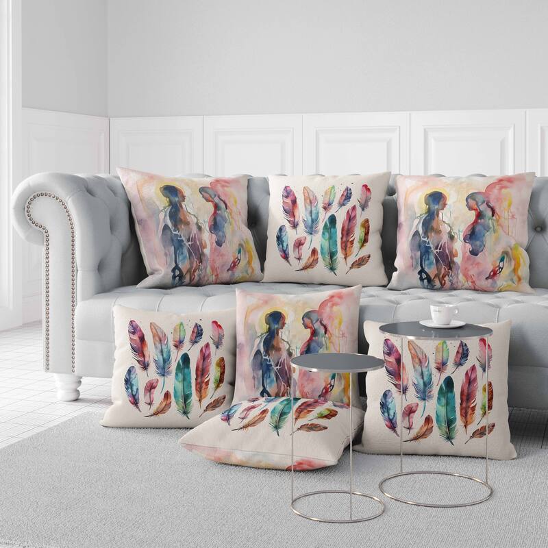 Pink And Multi Two Human Feathers Faux Suede Throw Pillow Zipper