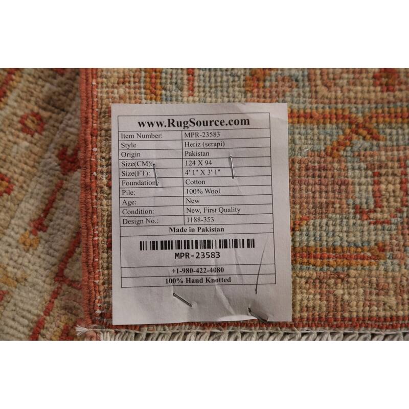 Vegetable Dye Heriz Serapi Oriental Accent Rug Handmade Wool Carpet - 3'1"x 4'1"