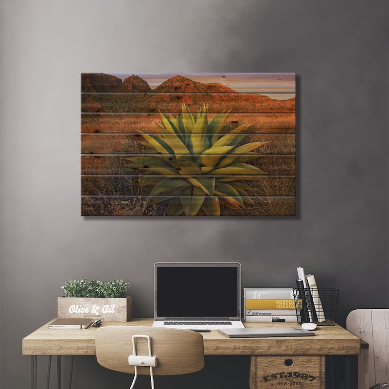 Agave Plants And Chisos Mountains Seen From Chisos Basin, Big Bend National Park, Texas Print On Wood by Tim Fitzharris