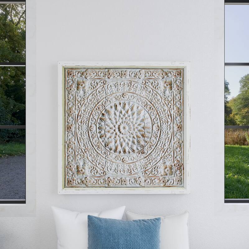 Brown Metal Embossed Mandala Scroll Floral Home Wall Decor with Gray Backing and White Wood Frame