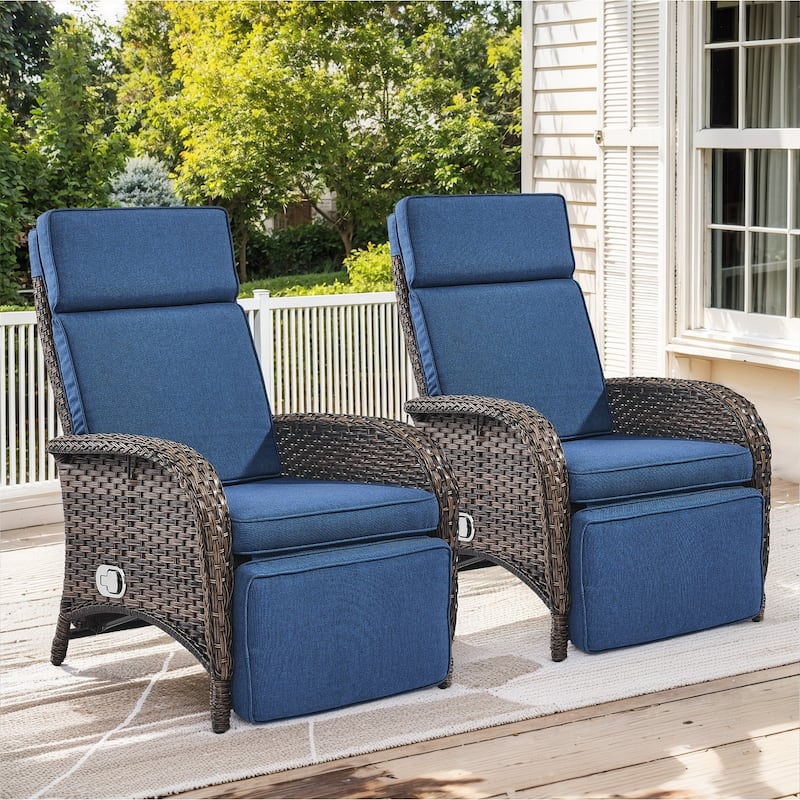 Outdoor PE Wicker Chaise Lounge Chairs Set of 2 - Brown - Blue