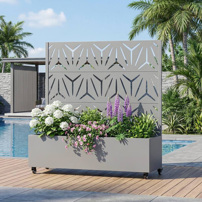 Metal Galvanized Planter Box with Trellis Privacy Screen Lockable Wheels