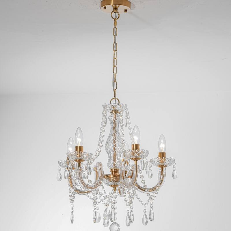 5-Light Luxury Glam Brass Finish Crystal Adjustable Hanging Chandelier for Living Room - 18.9 in. W x 19.3 in. H x 18.9 in. D