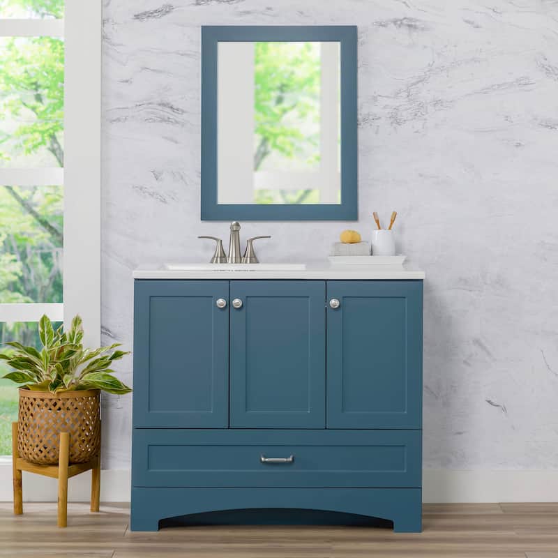 Spring Mill Cabinets Emlyn 36.5" Bathroom Vanity With Shelves, Drawer, and White Sink Top