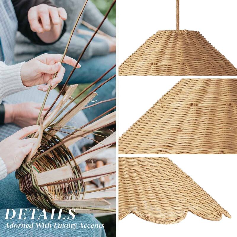 Daisy Rattan Pendant Light - Natural Large Cone 1-Light Handwoven Light Fixture For Modern, Coastal, Farmhouse, Boho Room Décor