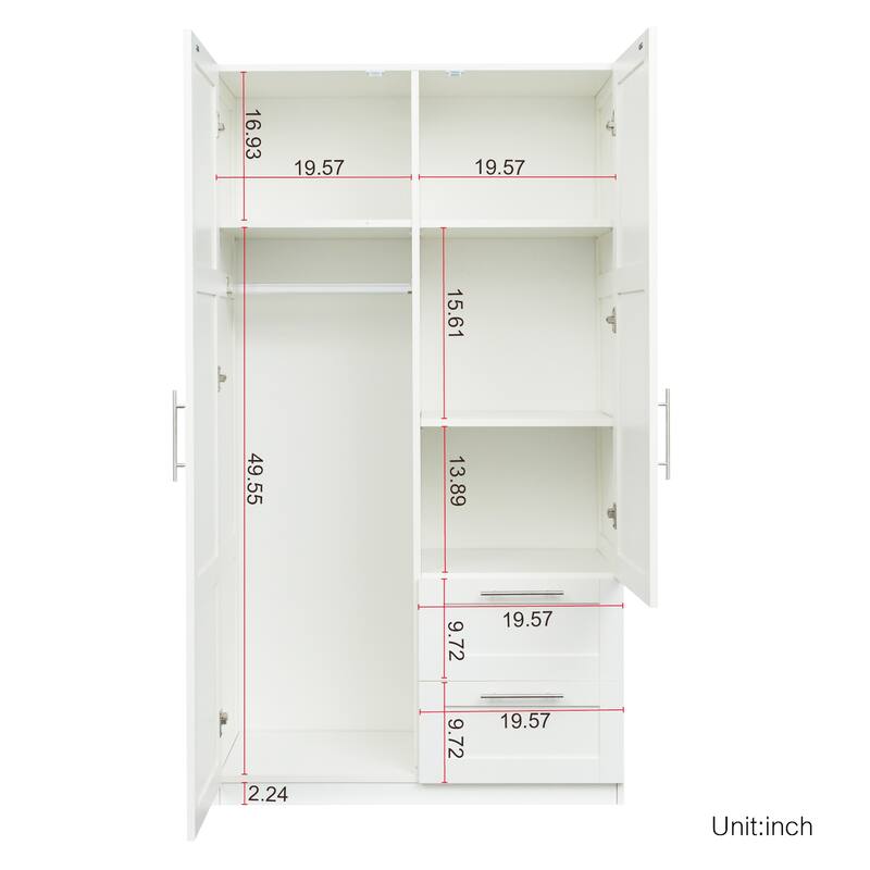 2 Door Wooden Wardrobes, Equipped with Suspension Rods and Drawers, Large Capacity Bedroom Wardrobe Storage Cabinets