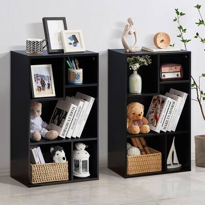 VECELO Widened Version Bookace(Set of 2), 3-Tier Five Open Cube Wooden Bookcase Organizer, Bookshelf