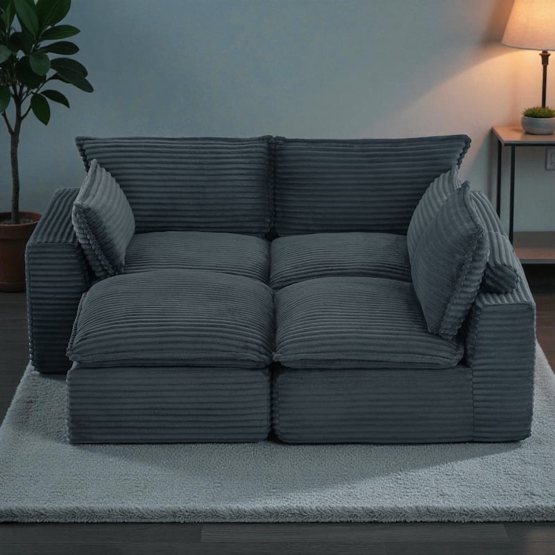 Cloud Sectional Sofa, Convertible L-Shape Corduroy Couch with Ottoman, 4-Seat Plush Living Room Compressed Sofa
