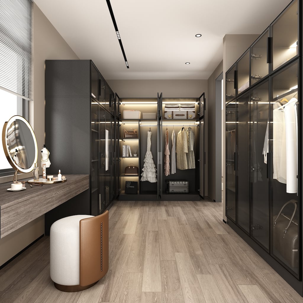 59.1"W Glass Door Wardrobe: Illuminated Interiors Closet Arimore Large