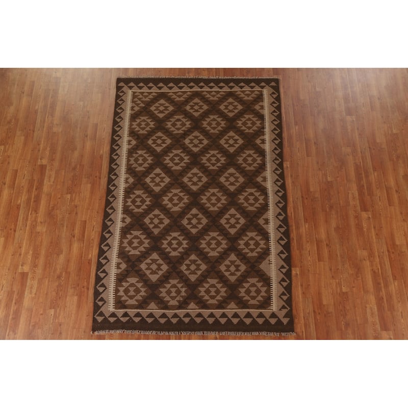 Brown Tribal Geometric Kilim Oriental Area Rug Flat-weave Wool Carpet - 5'3" x 8'1"