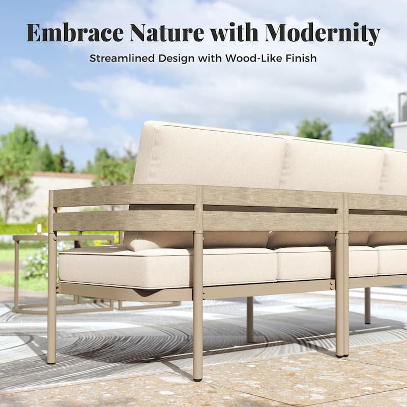 MAISON ARTS 5-Seater Patio Conversation Set Curved Metal Wood-Like Sofa Set