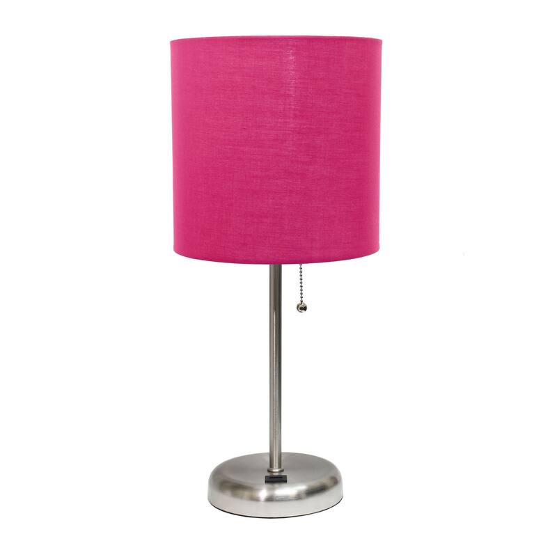 Creekwood Home Oslo 19.5" Bedside Usb Port Feature Standard Desk Lamp - Brushed Steel/Pink Shade - 9x9x15
