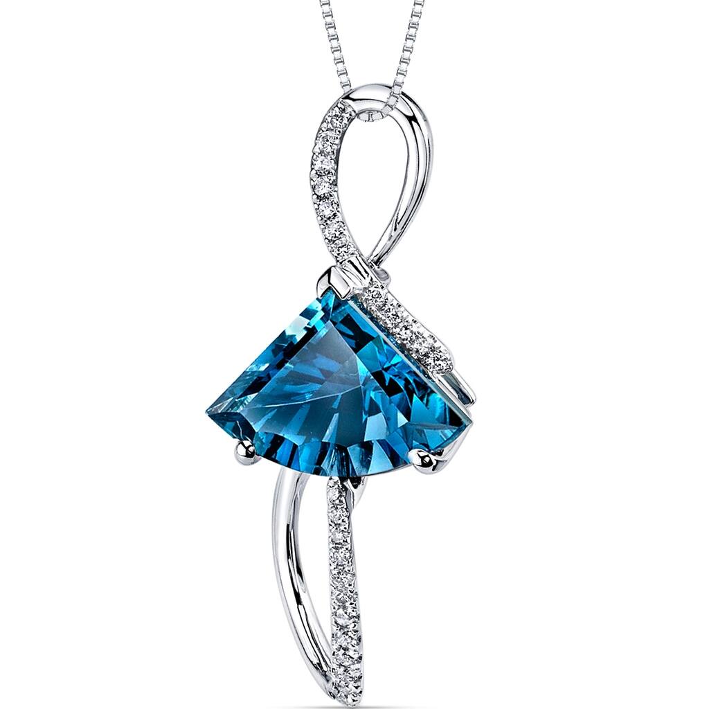 Oravo 14k White Gold London Blue Topaz Diamond Pendant Fan Cut 4.5 ct