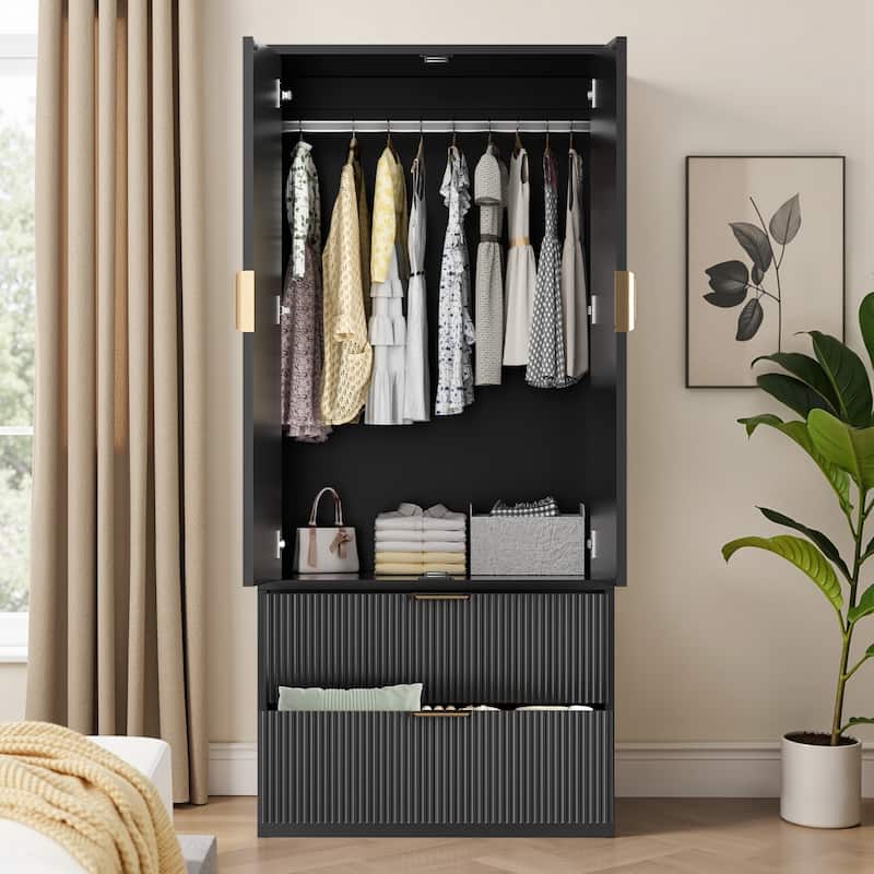 Pocassy 70" H Wardrobe Closet with 2 Doors and 2 Drawers