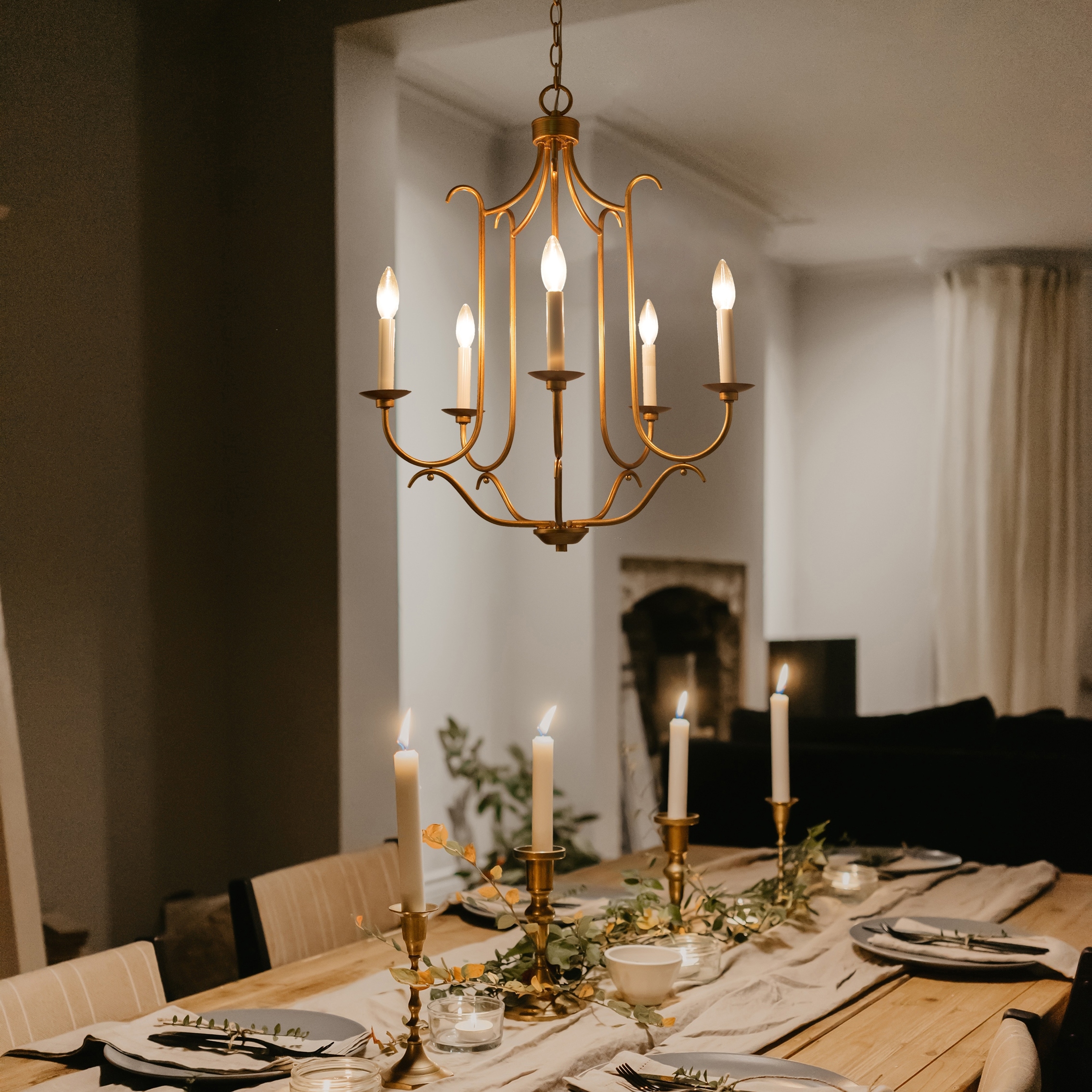 Mid-century Modern Brass 5-Light French Country Candle Unique Chandelier Vintage Dining Room Pendant Lighting