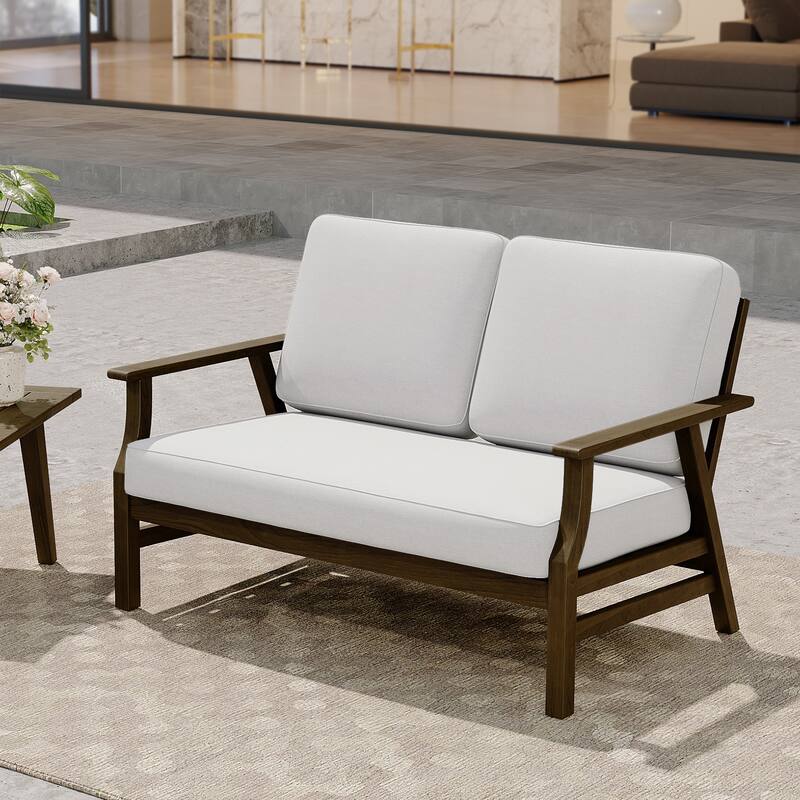 Modern Wood Cushioned 5-Piece Outdoor Patio Conversation Set - 2-Seat Loveseat - Beige