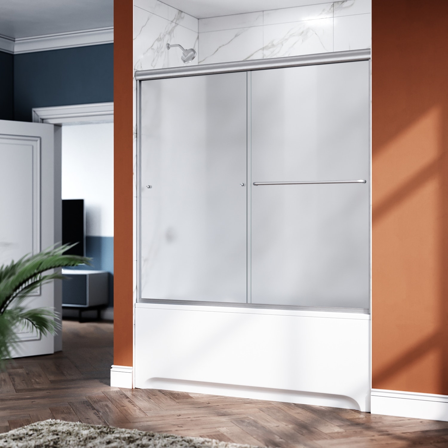 Elegant Double Sliding Shower Door with Frosted Glass in Brushed Nickel Finish 60'' W x 57.4'' H for Bathtub