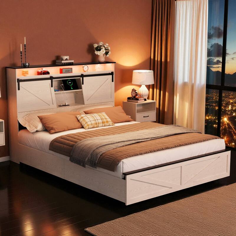 Farmhouse Full/Queen Bed Frame with Storage Headboard, Drawers, Charging Station and RGB LED Lights, MDF and Steel Platform Bed