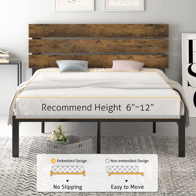 Rustic Style Platform Bed Frame Queen Size with Wood Headboard, Strong Metal Slats Support, Easy Assembly