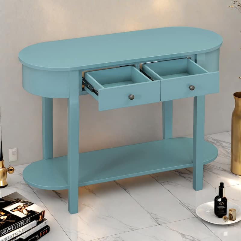 40" Solid Wood Console Table with Real Wood Veneer, 2 Drawers and Lower Shelf, MDF and Pine Frame - Turquoise Green
