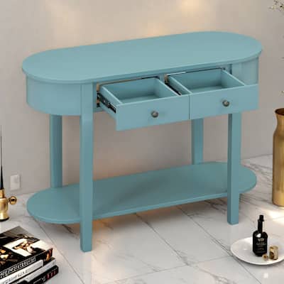 40" Solid Wood Console Table with Real Wood Veneer, 2 Drawers and Lower Shelf, MDF and Pine Frame