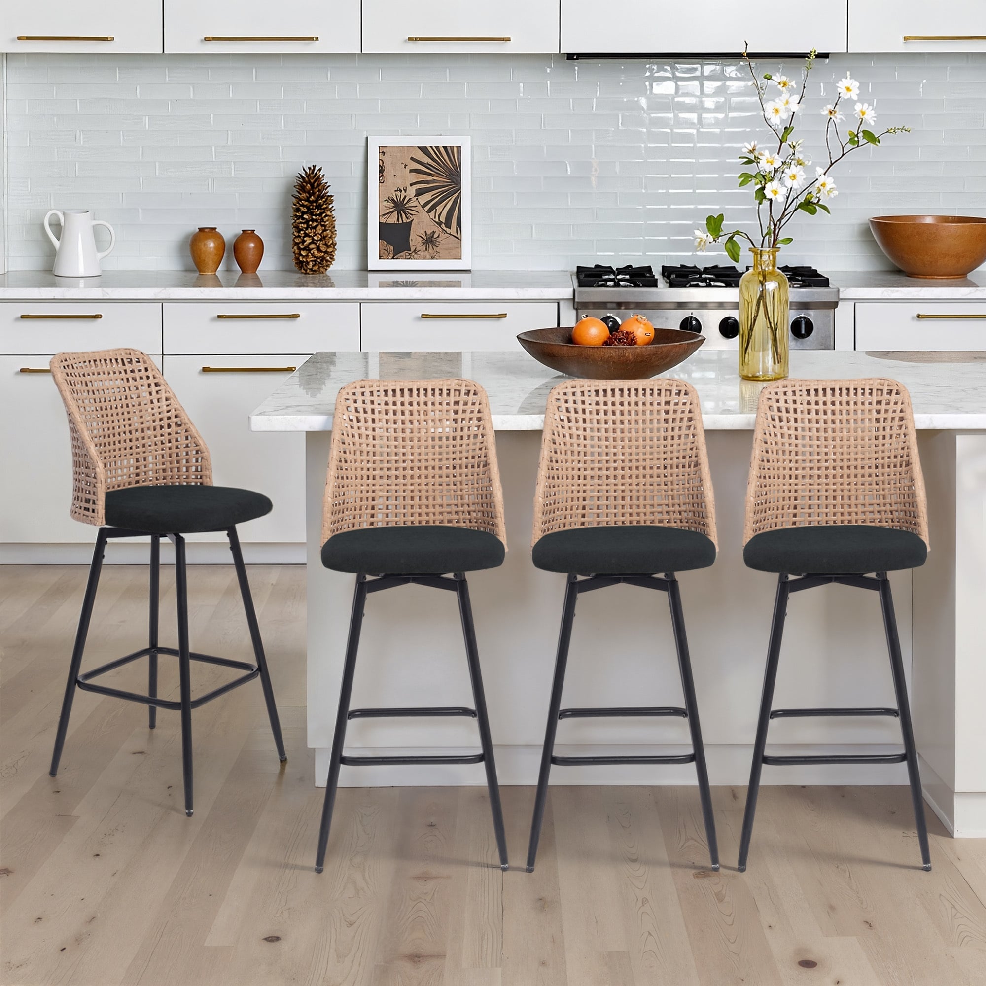 Chenille Counter Height Swivel Bar Stools Rattan Back with Metal Legs