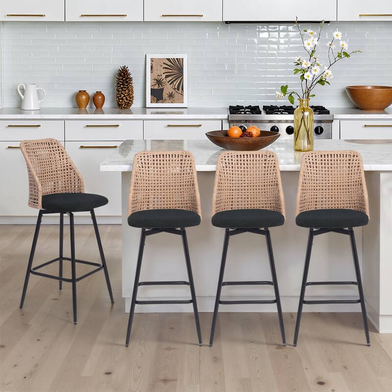 Chenille Counter Height Swivel Bar Stools Rattan Back with Metal Legs - Black - Set of 4