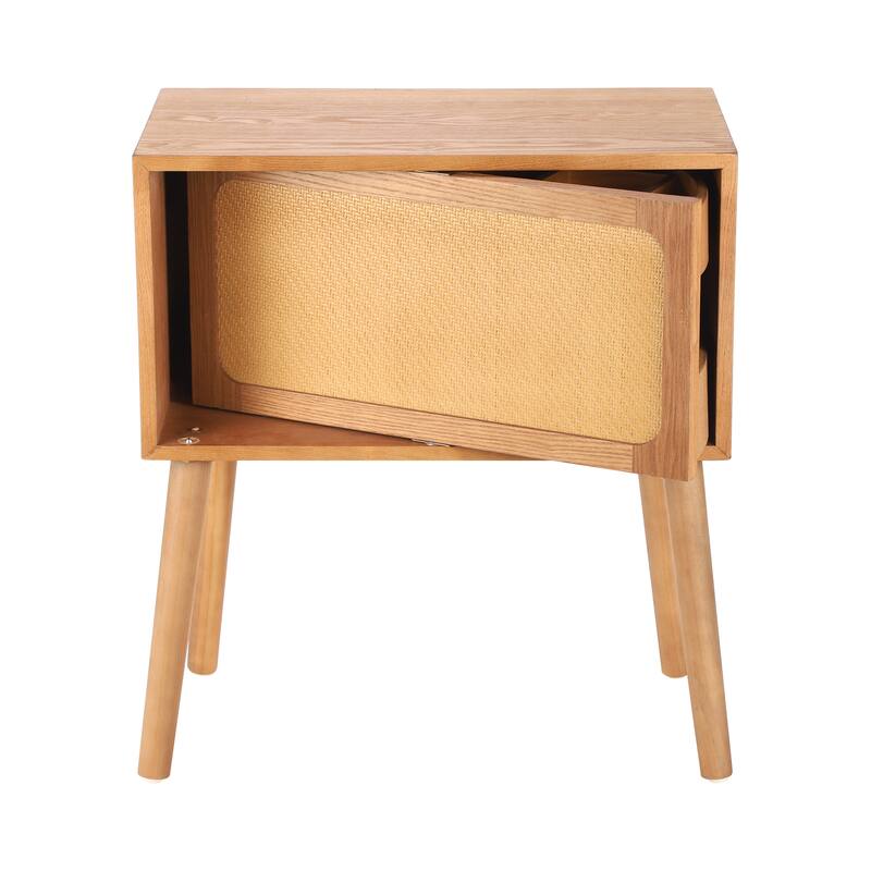 Rotating Hidden Compartment Nightstand for Bedroom, Mid Century Modern Rattan Bedside Table End Table with Wood Legs