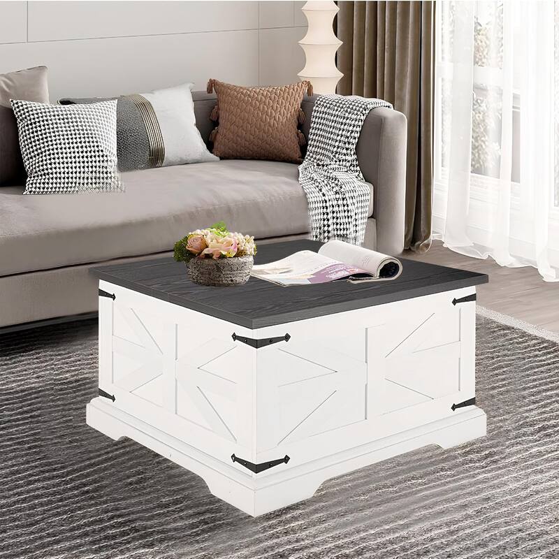 Roomfitters Farmhouse Coffee Table with Lift Top Square, Wood Center Table, Square Wood Center Table with Hidden Storage