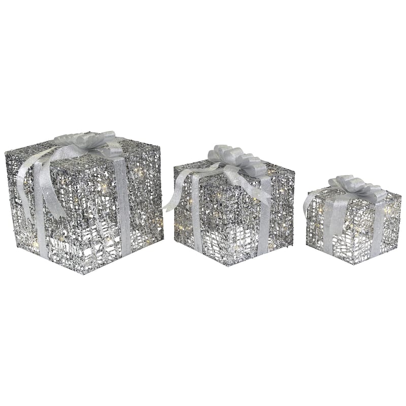 3 LED Silver Glitter Threaded Gift Boxes Outdoor Christmas Decoration