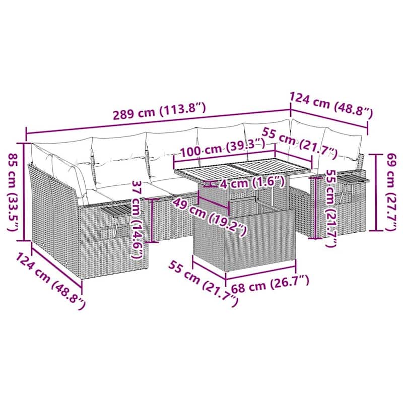 vidaXL 8 Piece Patio Sofa Set with Cushions Black Poly Rattan - 21.7 x 24.4 x 27.2