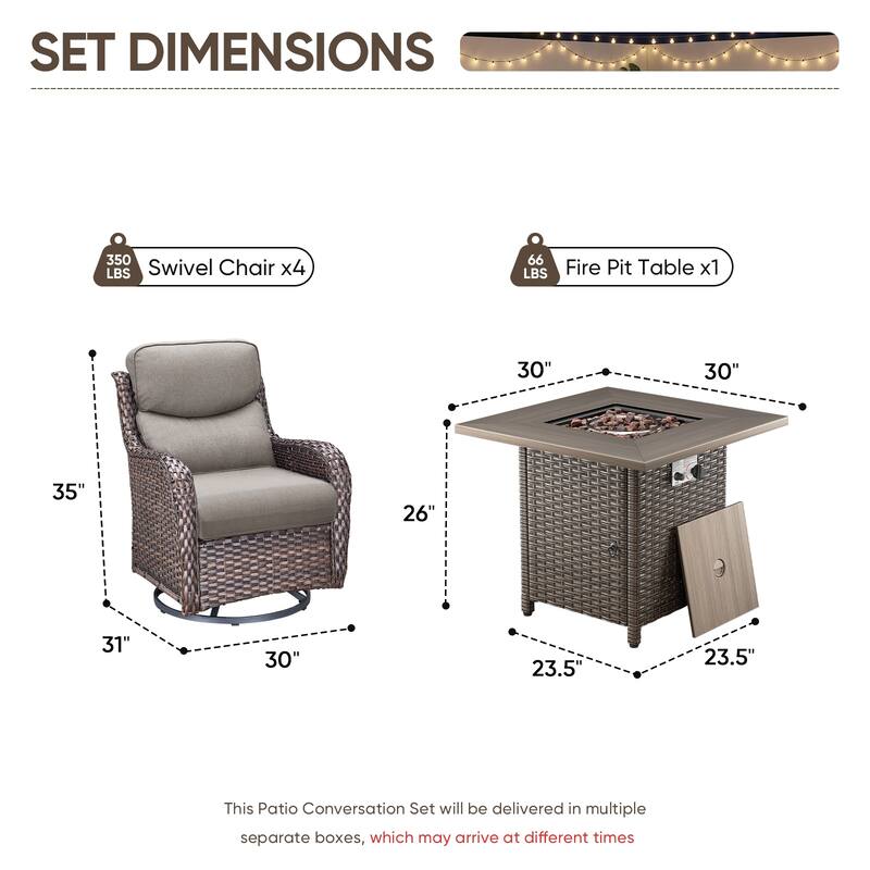 Pocassy Outdoor Propane Fire Pit Table with Sofa Swivel Chair Funiture Set.