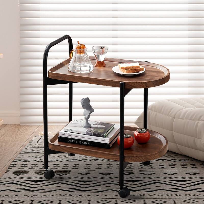 2Tier Side Table Bar Cart, Mobile Trolley Sofa Side Table with Wheels