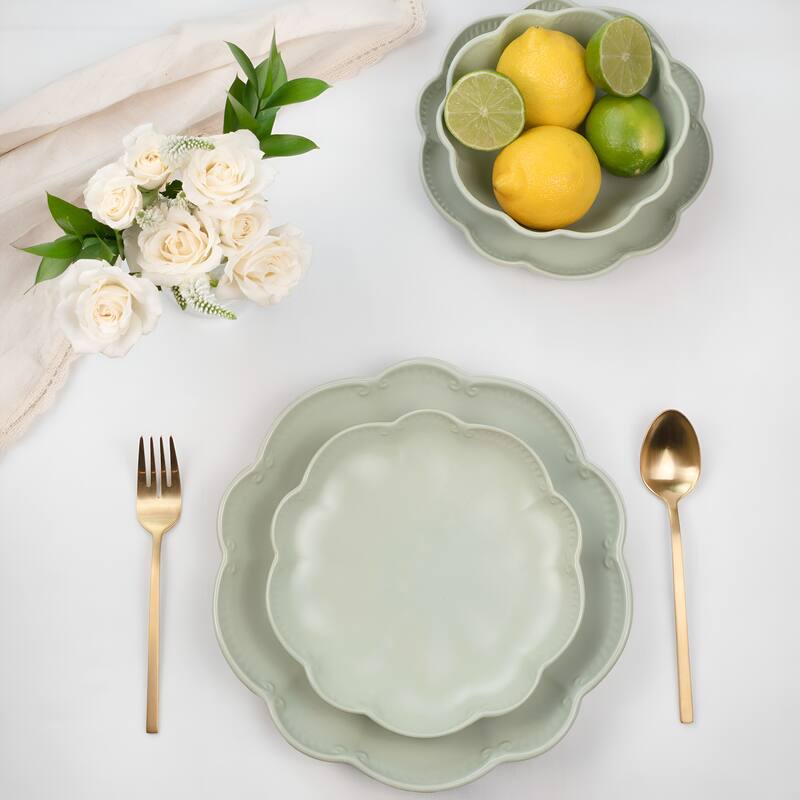 Sango Bethany 12-Piece Stoneware Dinnerware Set - Service for 4, Scalloped Plate & Bowl Set