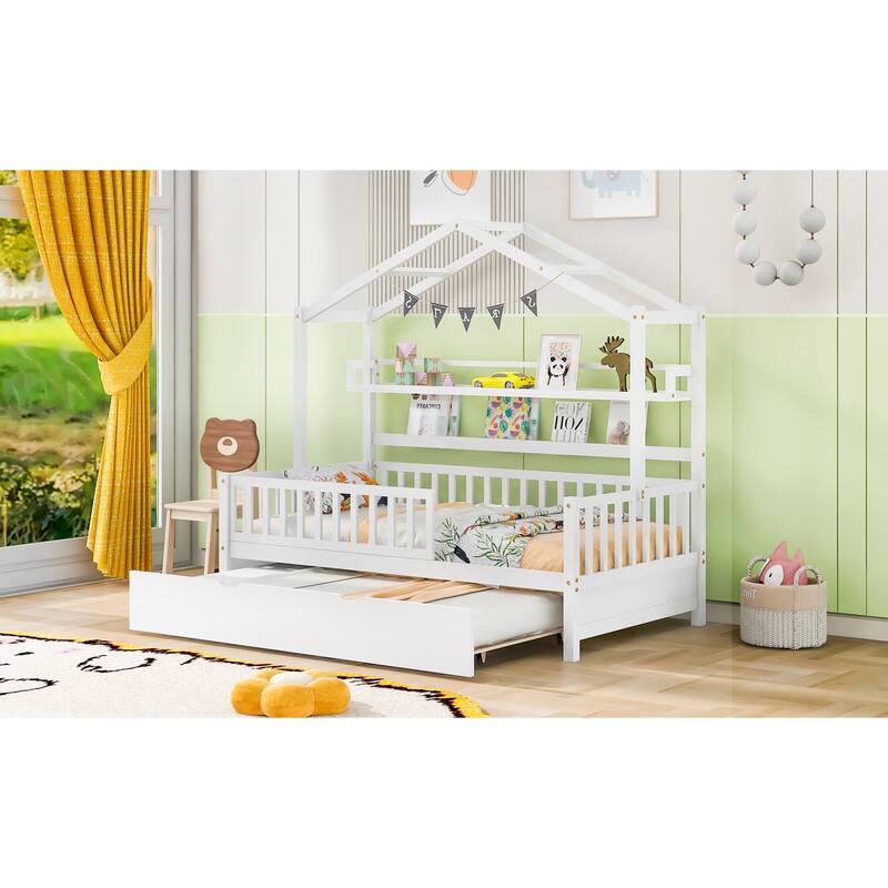 Cute Wooden Twin or Full House Bed with Trundle, Kids Bed Wood Platform Bed Frame with Safety Guardrail & Storage Shelf