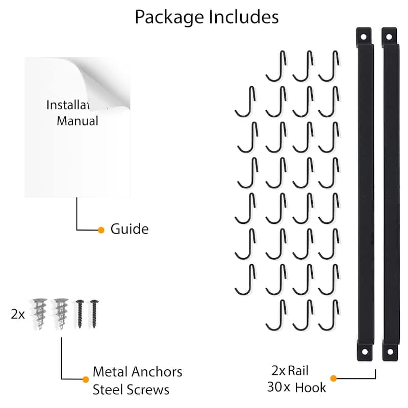 Wallniture Casto 30" Stainless Steel Pot Rack Set of 2 with 30 Hooks, Utensil Holder, Black
