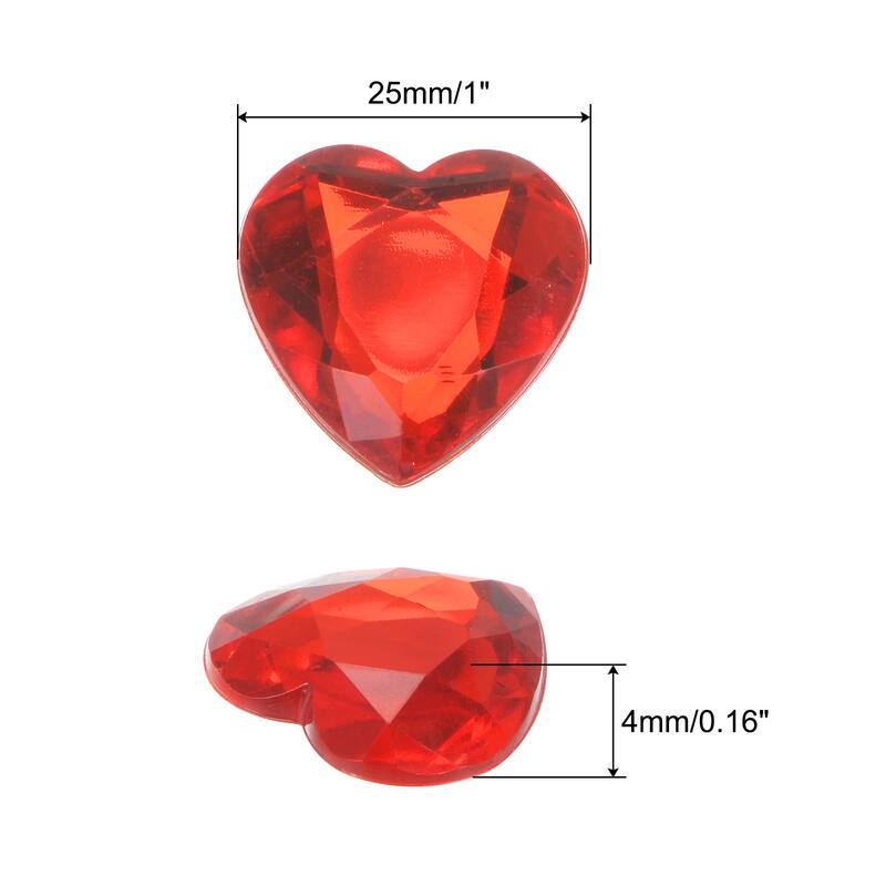 20 Pcs Acrylic Heart Rhinestone 25mm Flat Back Plastic Gems - Red