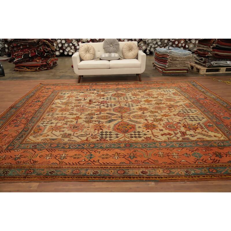 Hand Knotted Oriental 100% Wool Carpet Transitional Geometric Yellow & Gold Oushak Area Rug - 12' 0'' X 10' 9''