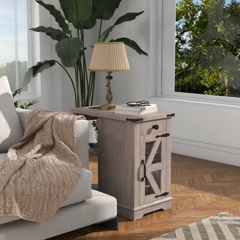 Side Table with Charging Station with Storage Shelf and Drawers