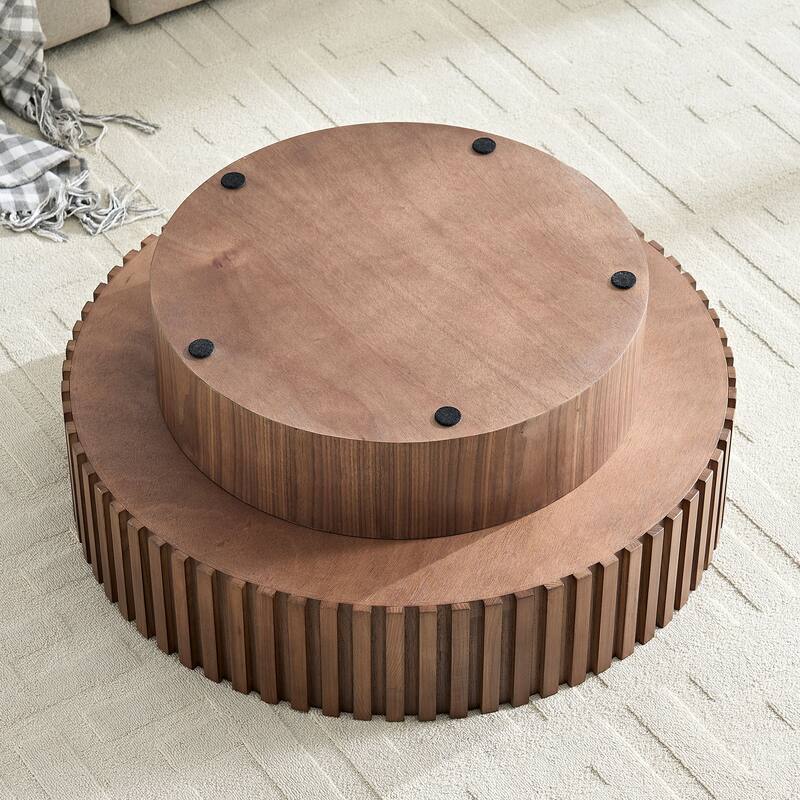 31.5" Round Wood Coffee Table with Storage, Modern Handcraft Drum Coffee Table, Stylish Circle Wooden Center Table