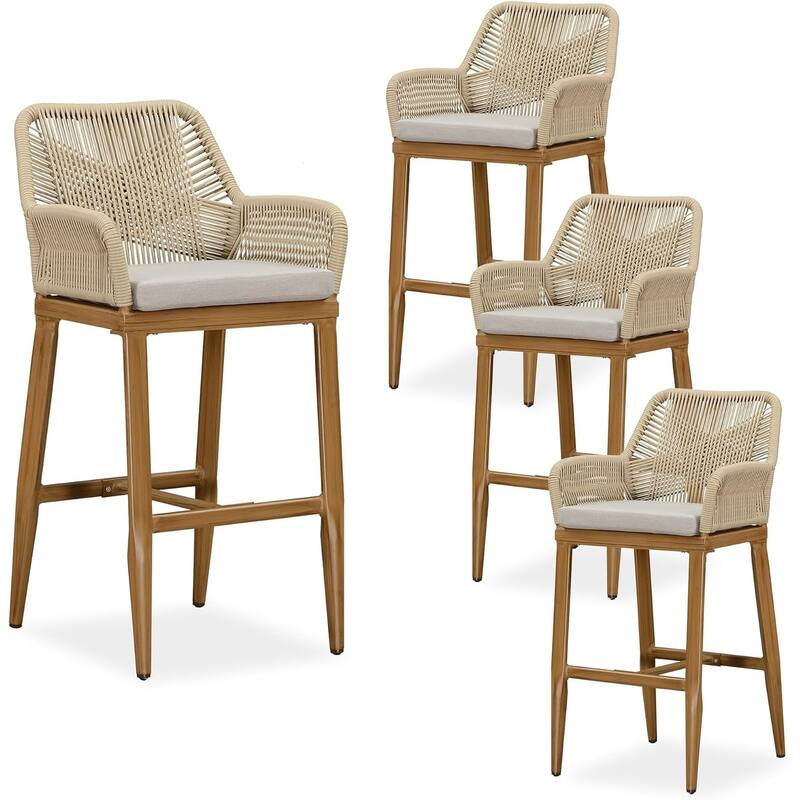 PURPLE LEAF Outdoor Counter Height Bar Stools Set of 4 Patio Aluminum Barstools with Back and Cushions - Brown-Bar Height