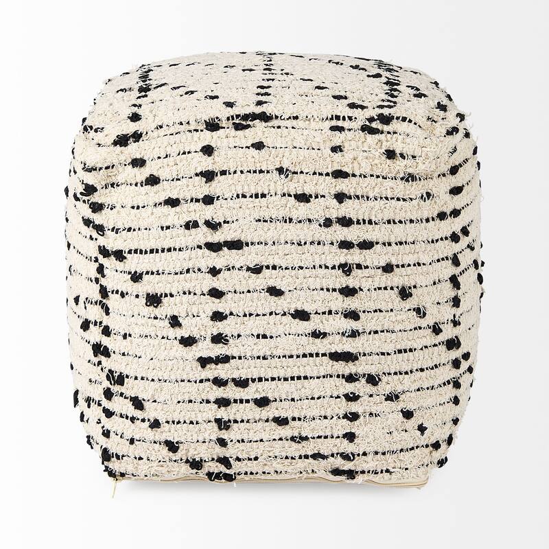 Mercana "Aarohi" Cream & Black Patterned Cotton Square Pouf