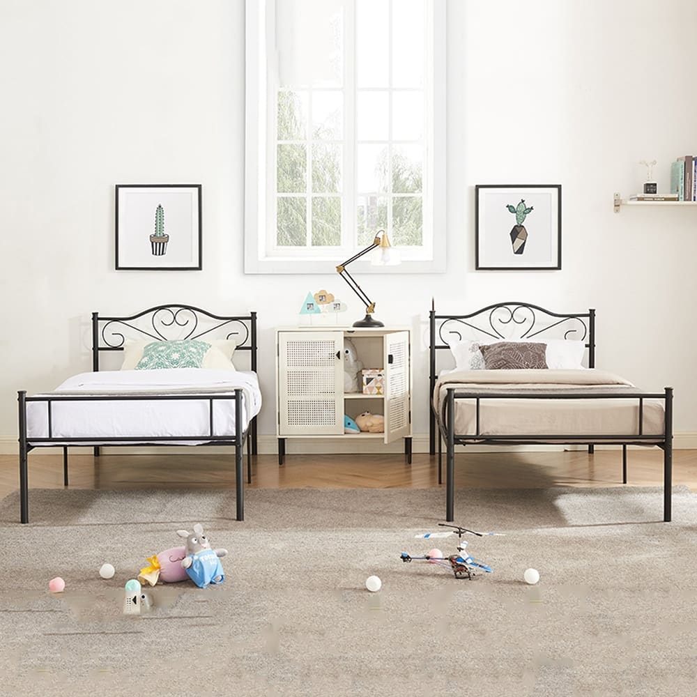 Javlergo Set of 2 Twin Size Metal Platform Bed Frame with Heart Shape Scroll Headboard No Box Spring Needed