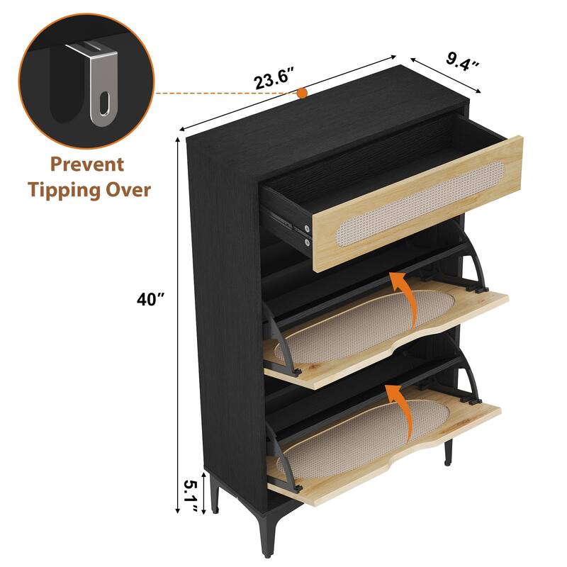 Shoe Cabinet, Rattan Shoe Storage With 2 Flip Drawer and 1 Pull-Out Drawer, Heavy Duty Metal Leg