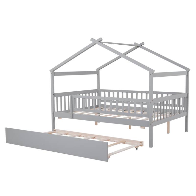 Full Size Wooden House Bed with Twin Trundle, Gray Finish