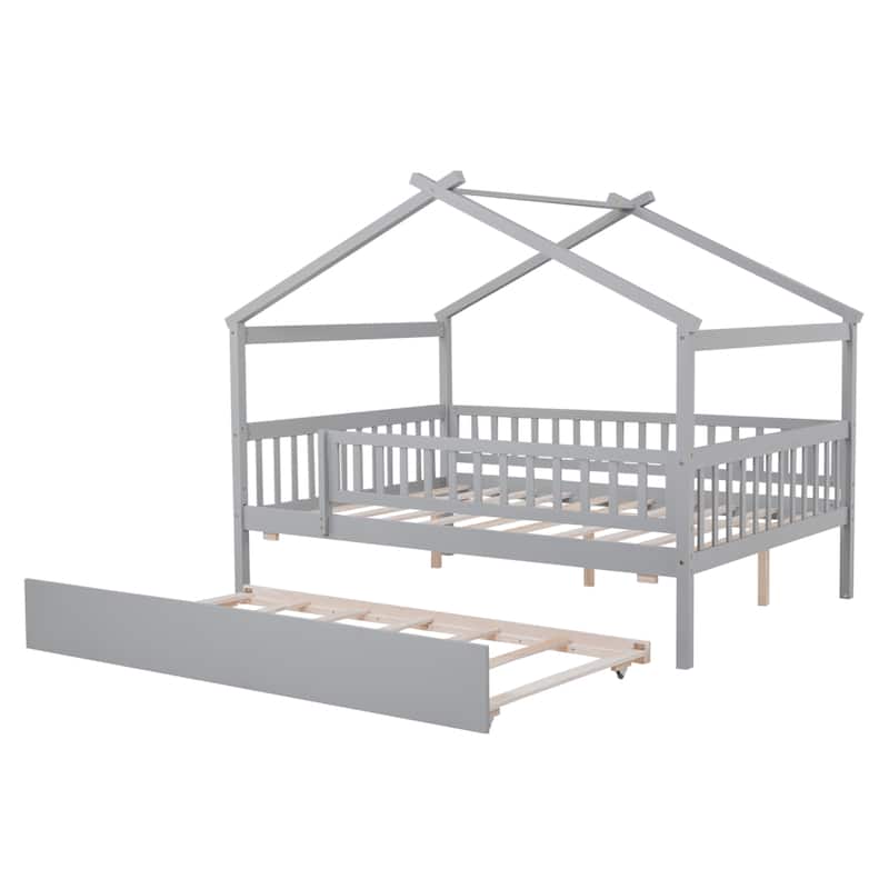 Wooden Twin/Full House Bed with Trundle and Headboard, Sky Roof Design, Durable Pine Wood