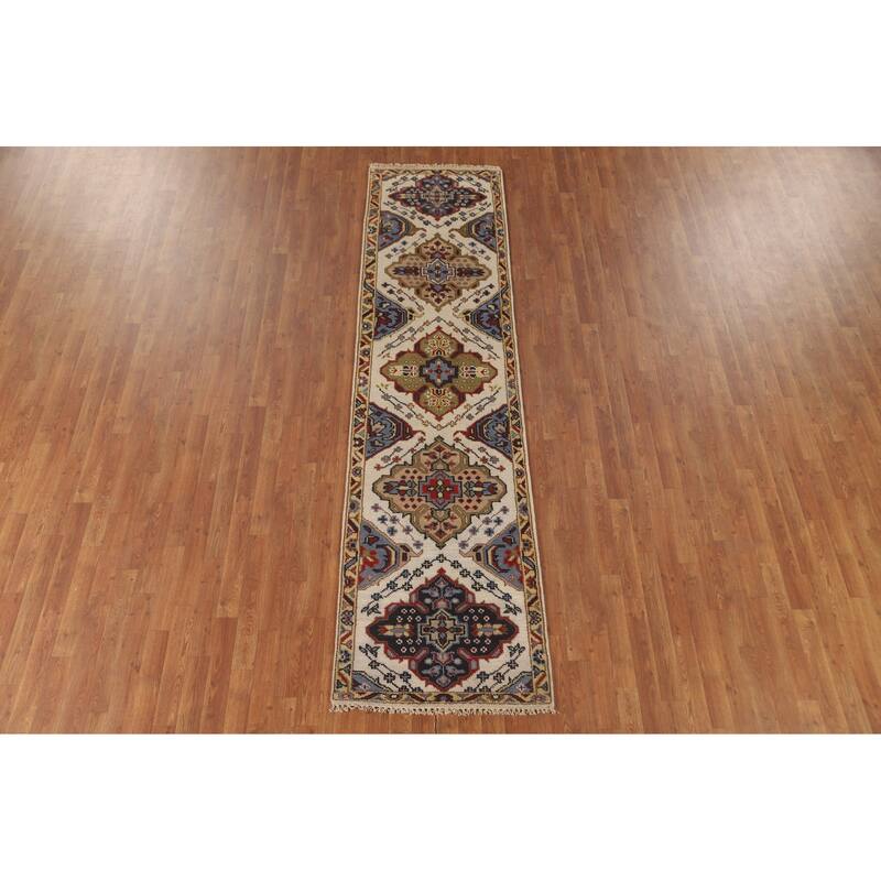 Geometric Beige Kazak Runner Rug Handmade Hallway Wool Carpet - 2'7" x 10'0"