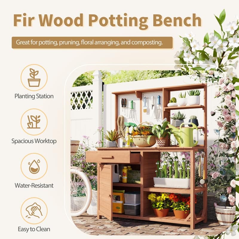 Fir Wood Potting Bench with Hutch, Garden Workstation for Planting with 4 Shelves