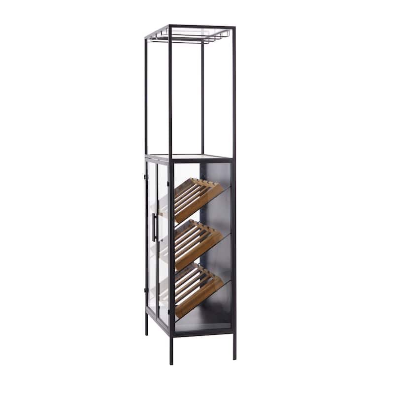 Wood 15 Bottle Standing Wine Rack with Wine Glass Holders and Wood Accents - Black - Roche River Decor - 14"W x 24"L x 67"H